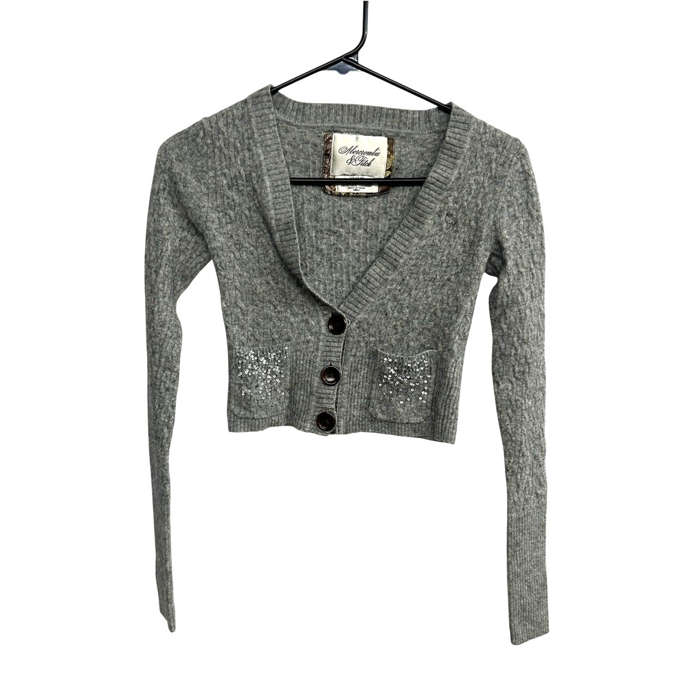 Abercrombie Fitch Gray Wool Blend Cropped Cardigan Sparkle Pocket S Y2K Preppy